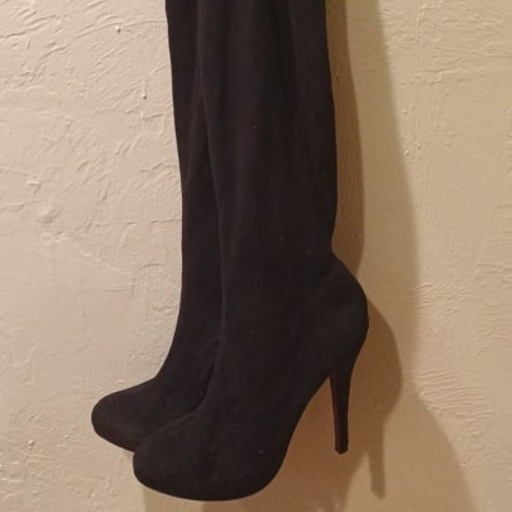 black suede thigh high high heel boots